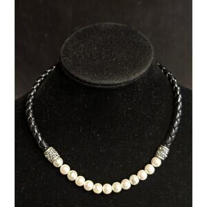 Black Braided Cord Choker Necklace Creamy White Pearls Lobster Claw Silver Tone